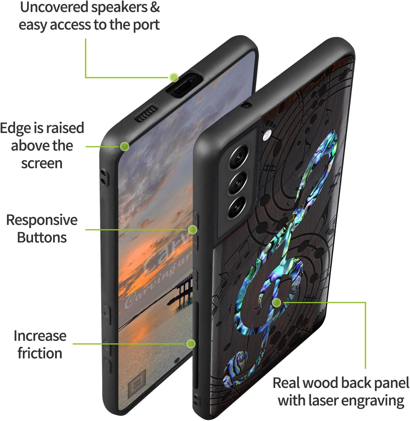 Carveit Designer Wooden Cover for Samsung Galaxy S22 Plus Case [Wood Engraving & Shell Inlay] Compatible with Wireless Chargers Galaxy S22 Plus (Musical Note-Blackwood)