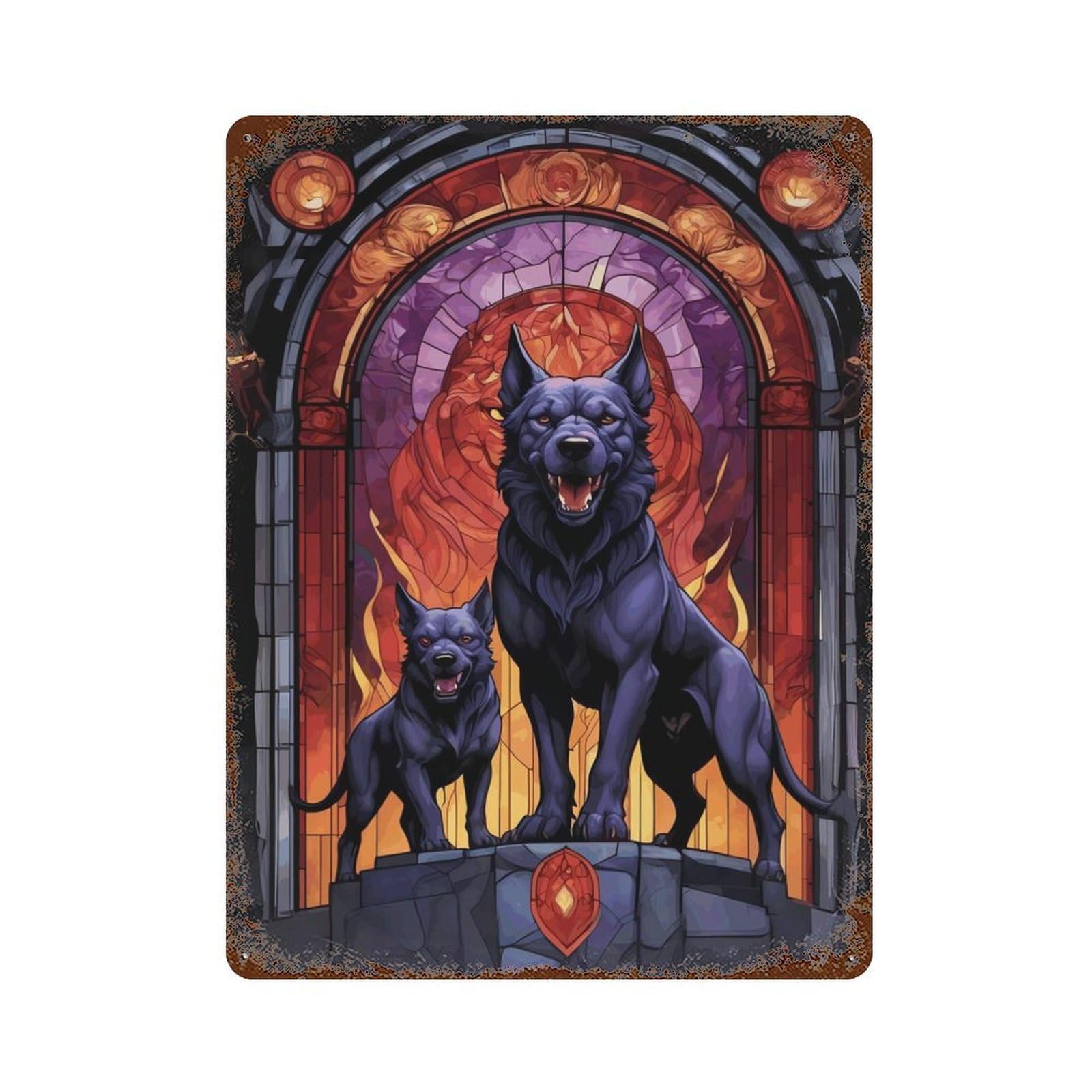 Cerberus Dog Myth Animal Rust Effect Tin Sign 15.7"x11.8", Rustic Home Decor for Garage, Bar And Workshop Decor