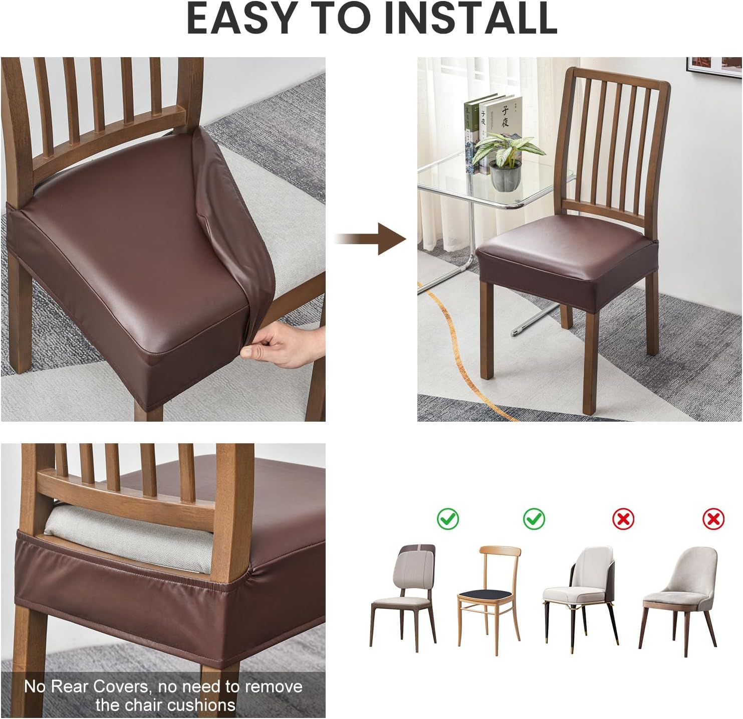 Coffee Brown Stretchable PU Leather Seat Covers - 6 Pcs Waterproof Slipcovers with Free DIY Cushioning Sponge Pads for Noise Reduction