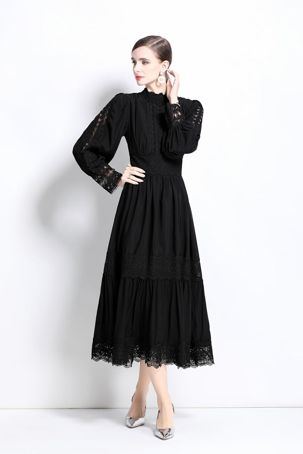 LAI MENG FIVE CATS Women's Vintage Mock Neck Lantern Sleeve High Waist Lace Trim Hollow Out Tiered Maxi Dress - Image 2