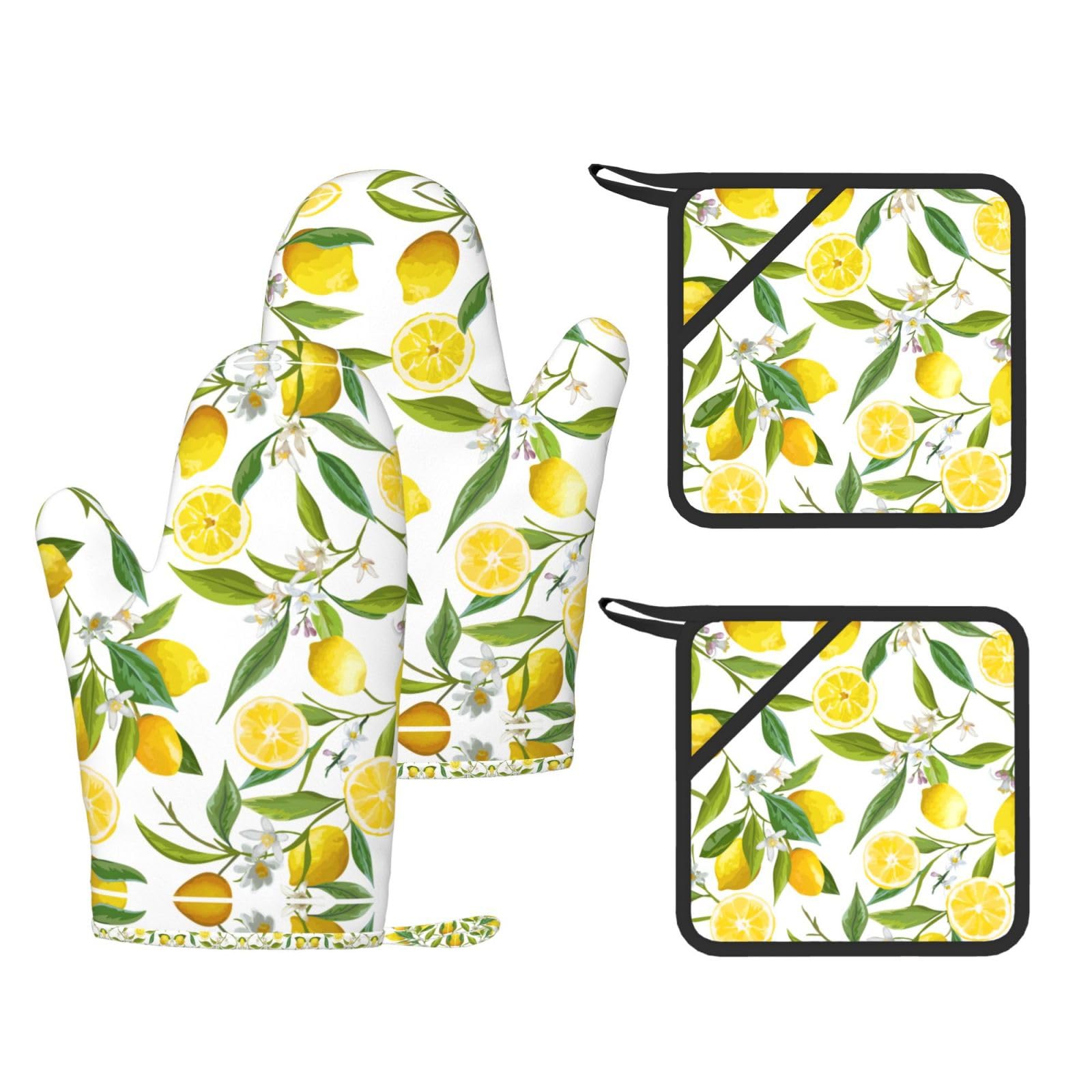 Fresh Tropical Lemons Printed Pot Holders and Oven Mitts 4-Piece, Non-Slip Kitchen Gloves with Utensil Pocket for BBQ