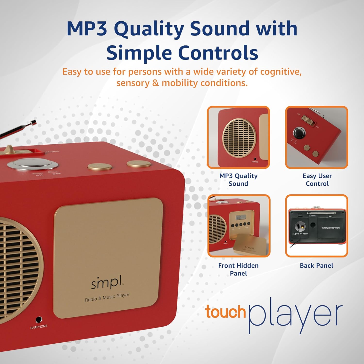 Detaljeret view af SMPL-musikafspilleren, der viser det skjulte frontpanel med radiobetjening og bagpanelet med batterirum og USB-port.