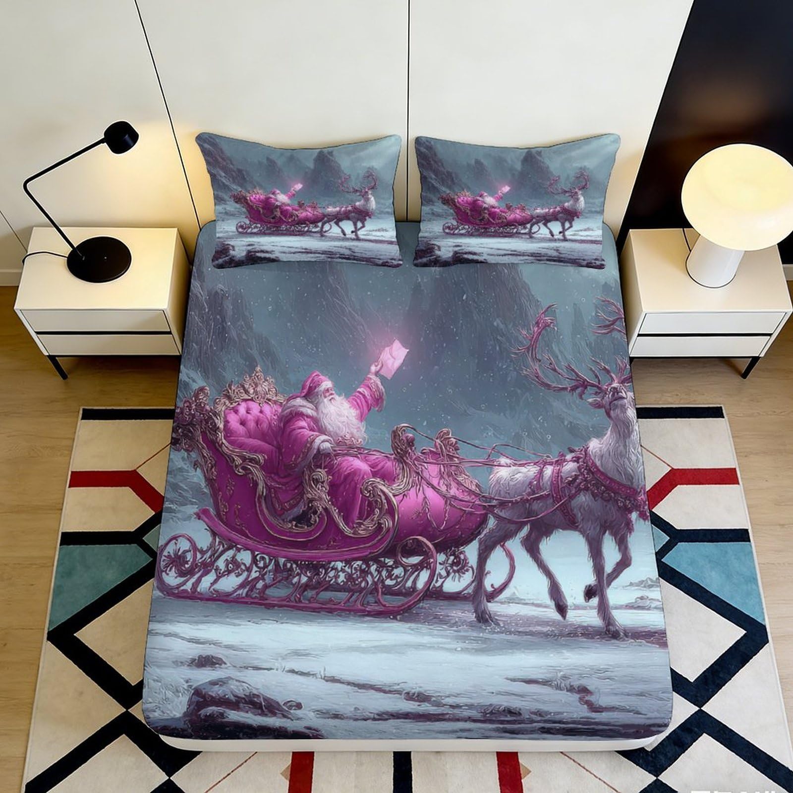 3D Printed Santa Claus Fitted Sheet Microfiber Soft Breathable Christmas Sleigh Bed Cover for Bedroom Dormitory Guest Room Mattress Protection 160x200x25cm