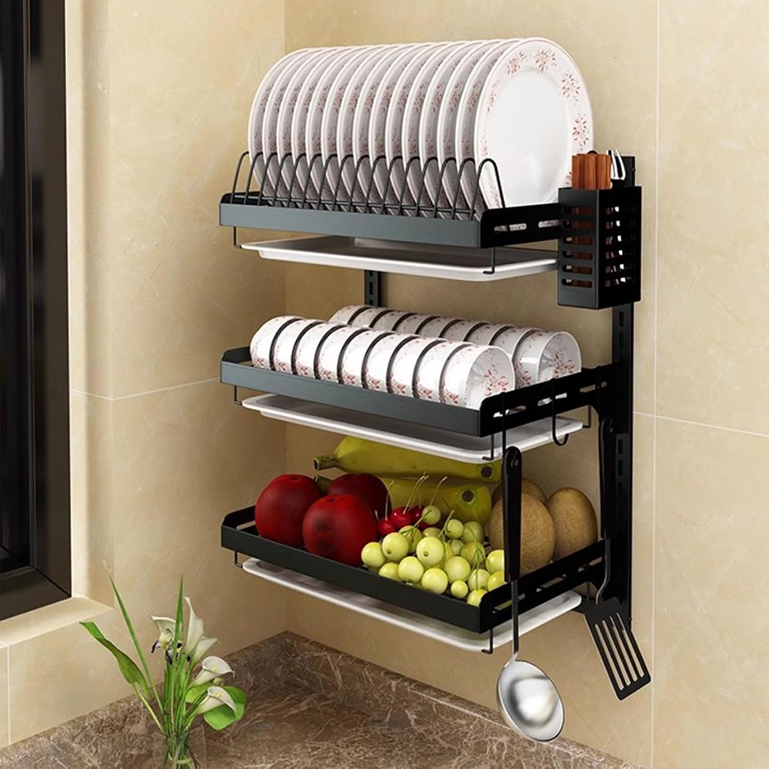 Over Sink Dish Drying Rack Kitchen Counter Dish Rack Large Dish Drainer Storage Space-Saving with Utensil Holder Caddy