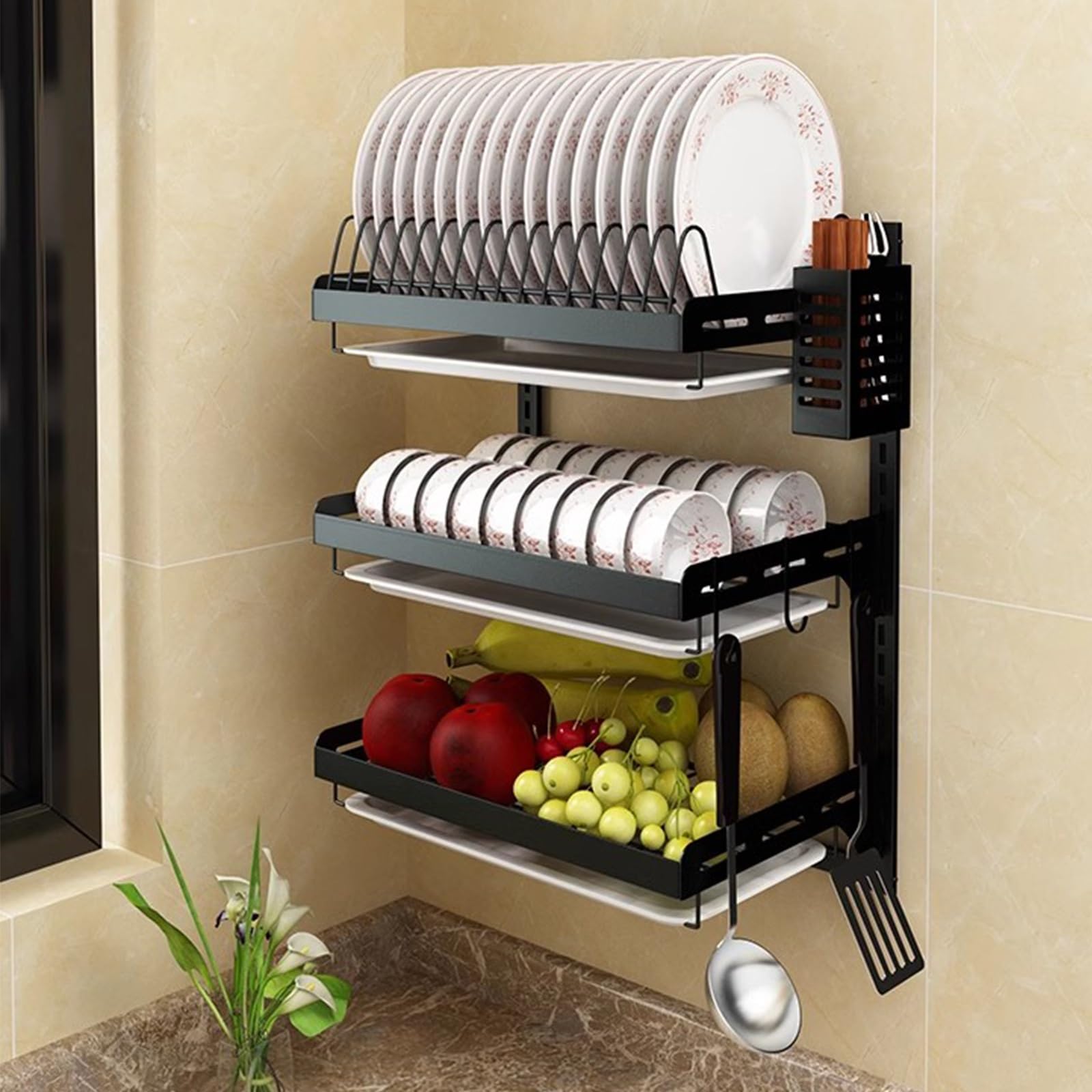 Over Sink Dish Drying Rack Kitchen Counter Dish Rack Large Dish Drainer Storage Space-Saving with Utensil Holder Caddy
