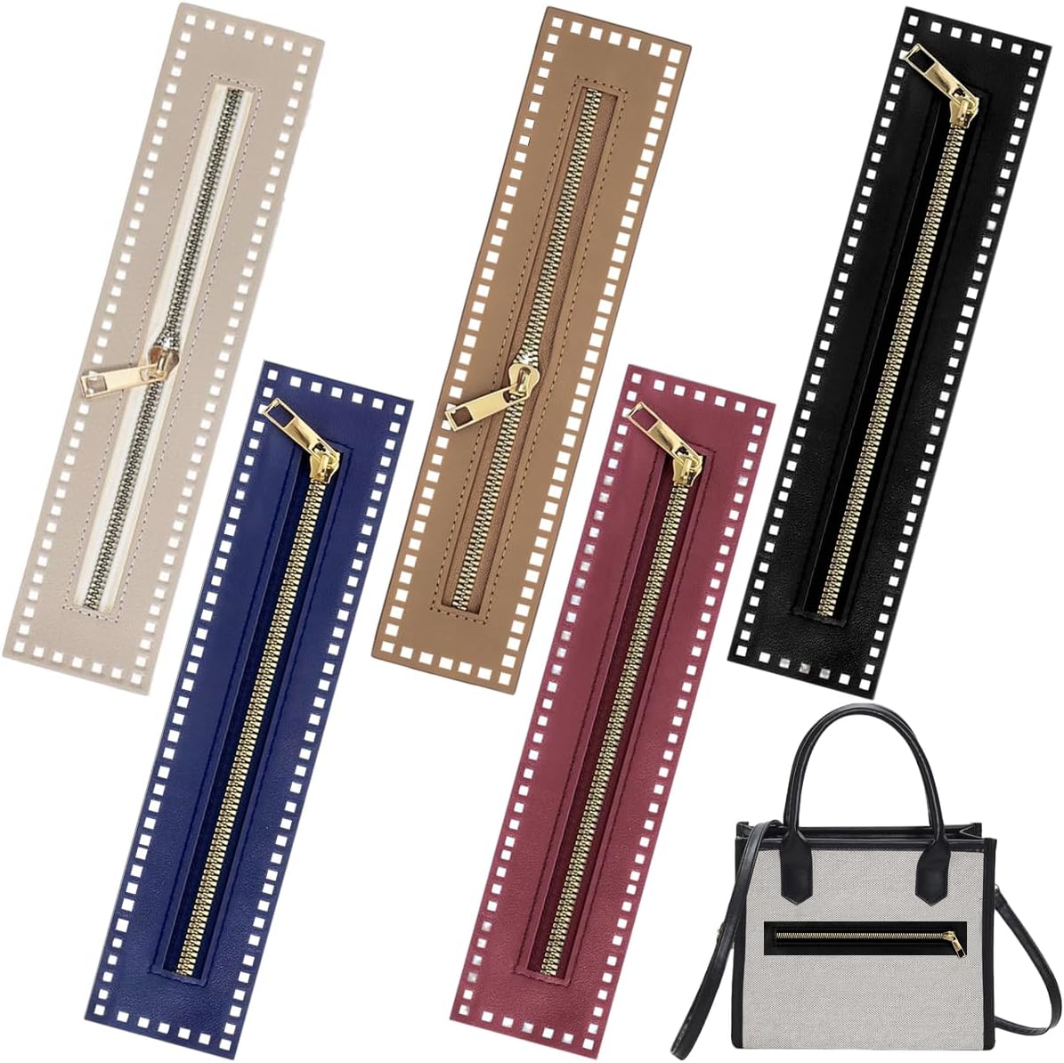 5 PCS PU Leather Zipper Leather Sewing Zippers PU Leather Bag Zipper Purse Black Handbag Sewing Zippers Frames with Hole Bulk Fastener for DIY Purse Sewing Handicraft Accessories
