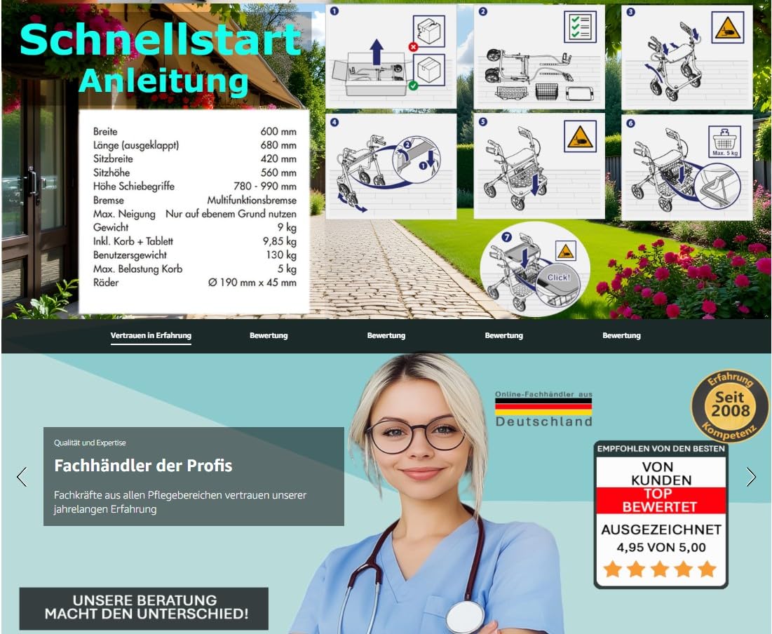 FabaCare Rollator mit Vollausstattung, Gehhilfe faltbar, Standardrollator, Korb, Sitz, Tablett, Farbe Blau