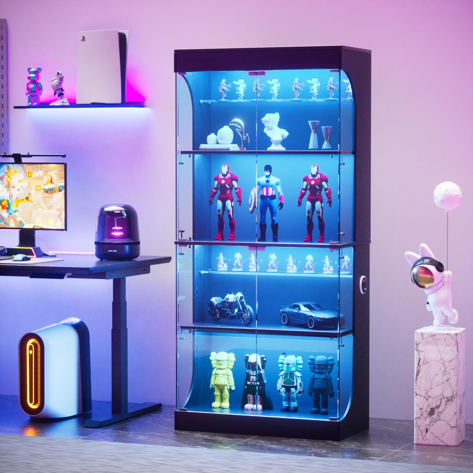 Vitrine de pie con LED, vitrina de pie de vidrio con 6 estantes y 4 puertas de vidrio con sensores inteligentes, armario con vitrina, armario de vidrio a prueba de polvo adecuado para sala de estar
