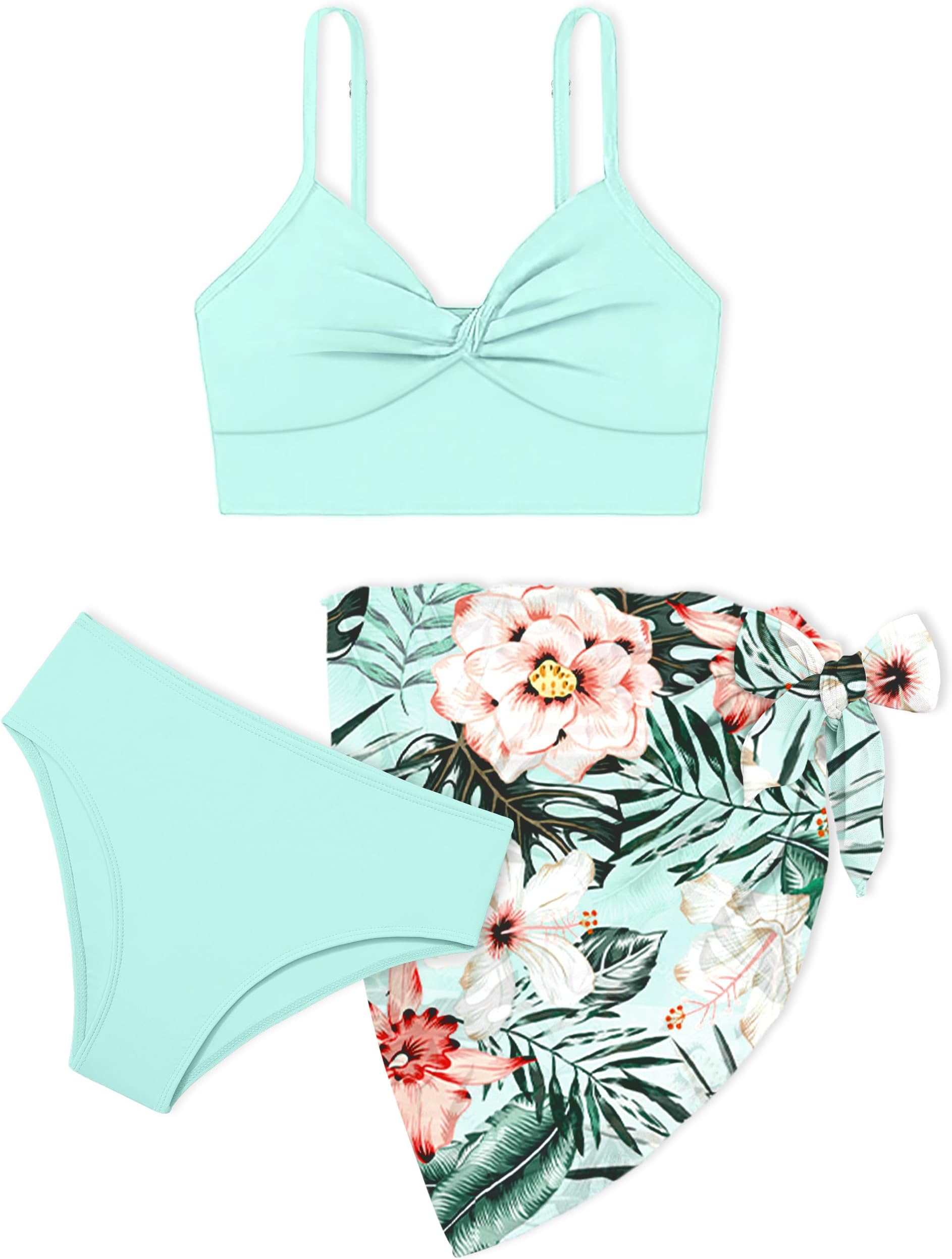 Girls Swimsuit Bathing Suit Solid Color Twist Cross Tropical Floral 3 Piece Girls' Swimwear Bikini with Cover Up 9-16T