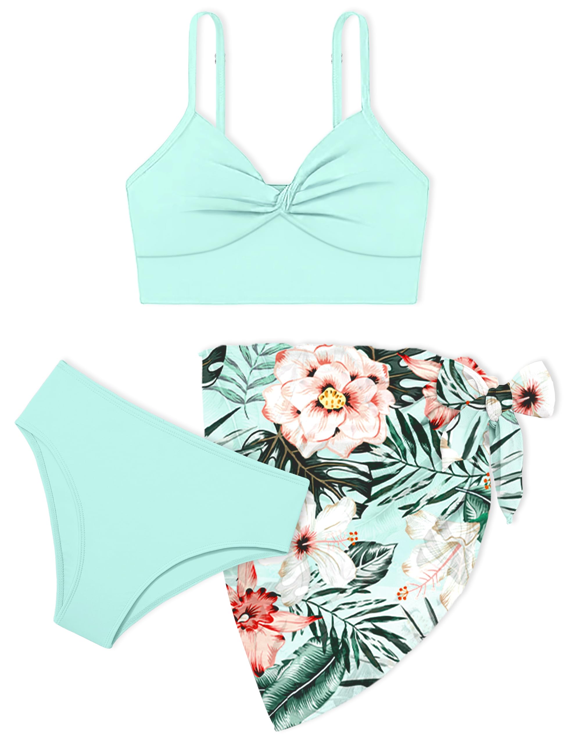 MIGU Girls Bathing Suits Size 8-10 Mint Green Twist Cross Tropical Floral Adjustable Double Shoulder Straps 3 Piece Bikini Girls Swimsuit Swimwear with Cover Up