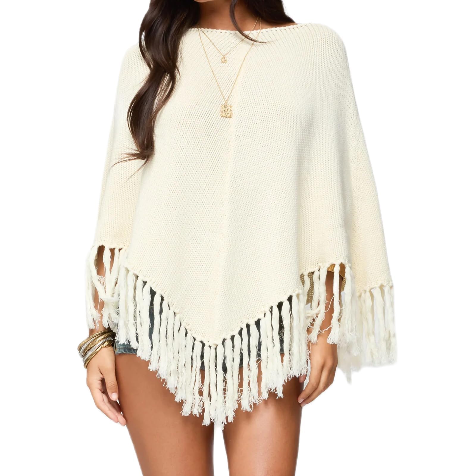 Womens Tassel Poncho Knitted Sweater Fashion Warm Cozy Poncho Shawl Cape Knitwear Cardigan