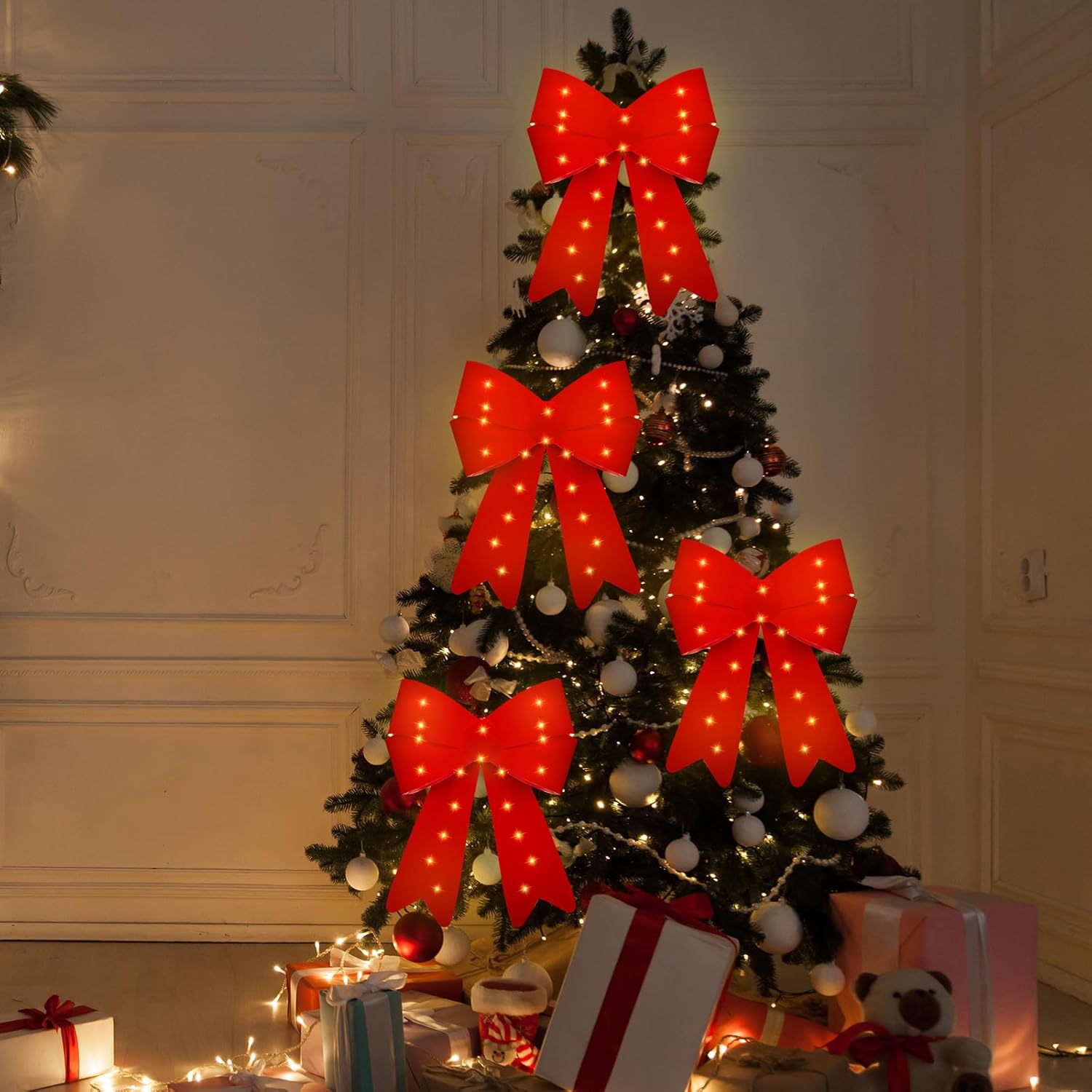 Zeyune 6 Pcs 10.63 x 15.35'' Velvet Red Christmas Bows with LED Lights Waterproof Christmas PVC Bow Large Plastic Lighted Bows for Christmas Tree Toppers Decor Wreath for Xmas Indoor Outdoor Decor