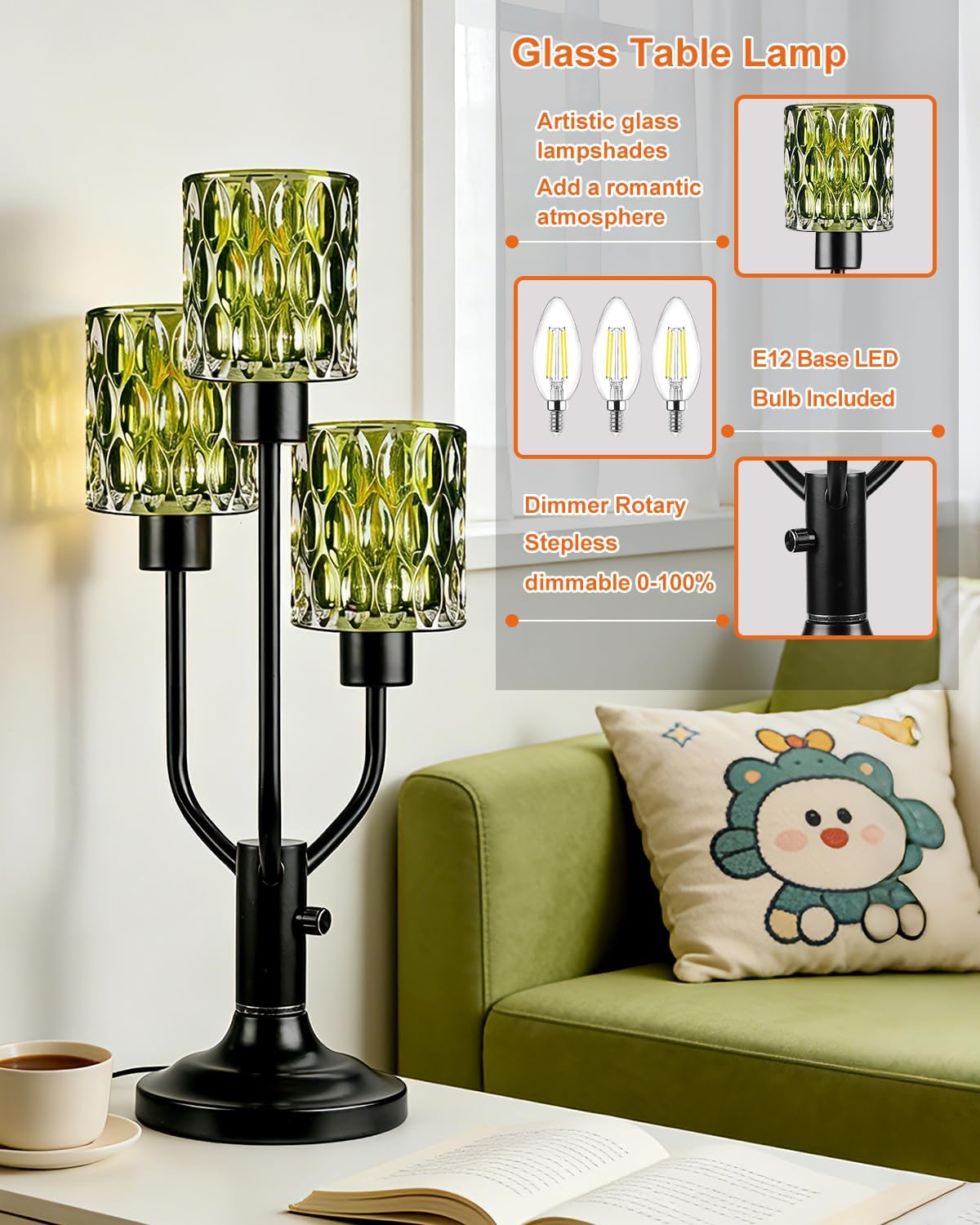 Lightdot Modern Glass Table Lamp Dimmable Mid Century 3-Light Black Desk Lamp with Green Glass Shade& Bulb Included 3000K Warmwhite Nightstand Lamp for Bedroom Bedside End Table