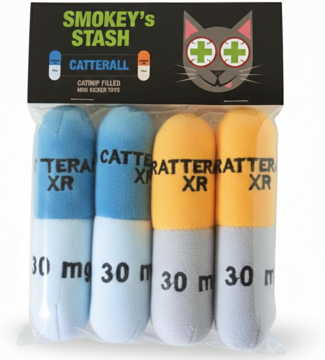 Catterall Catnip Toys – 4 Pack Plush Pill Toys with Potent Catnip & Crinkle Paper – Funny Parody Cat Toys for Indoor Cats & Kittens – Interactive Kicker Toys