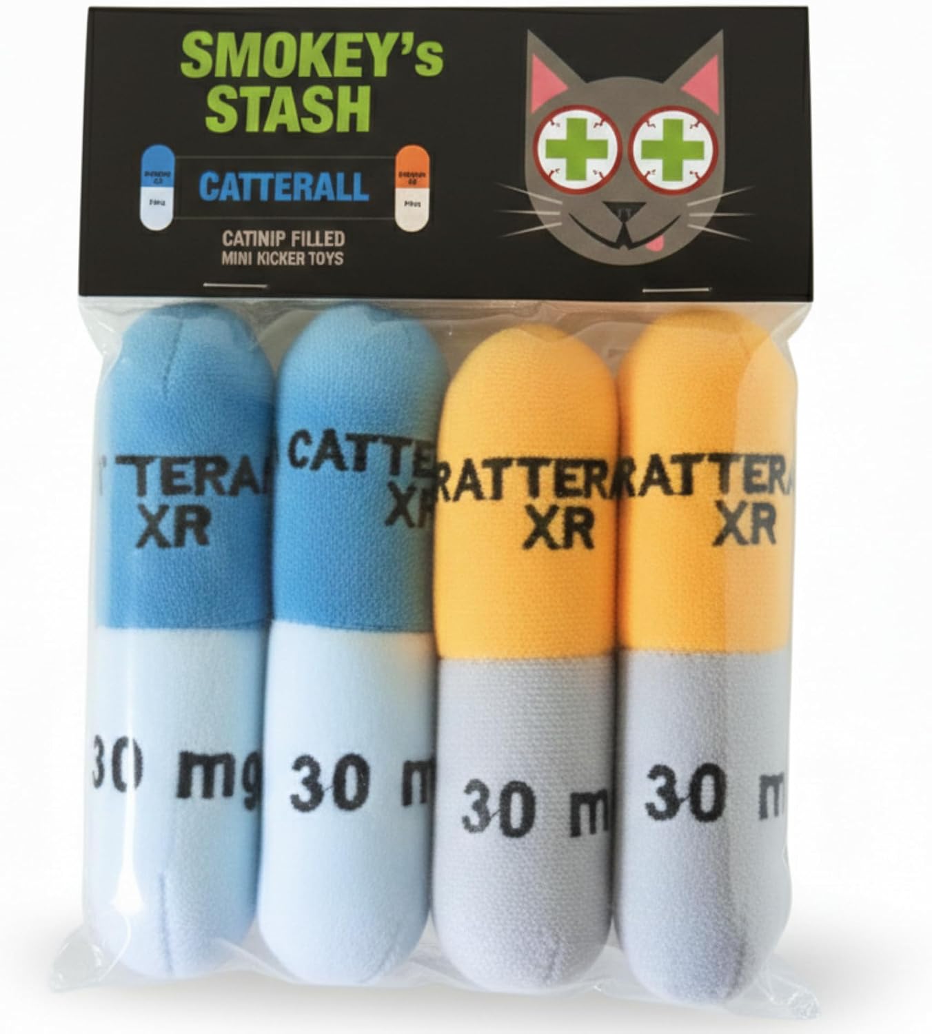 Smokey's Stash Catterall Catnip Toys – 4 Pack Plush Pill Toys with Potent Catnip & Crinkle Paper – Funny Parody Cat Toys for Indoor Cats & Kittens – Interactive Kicker Toys
