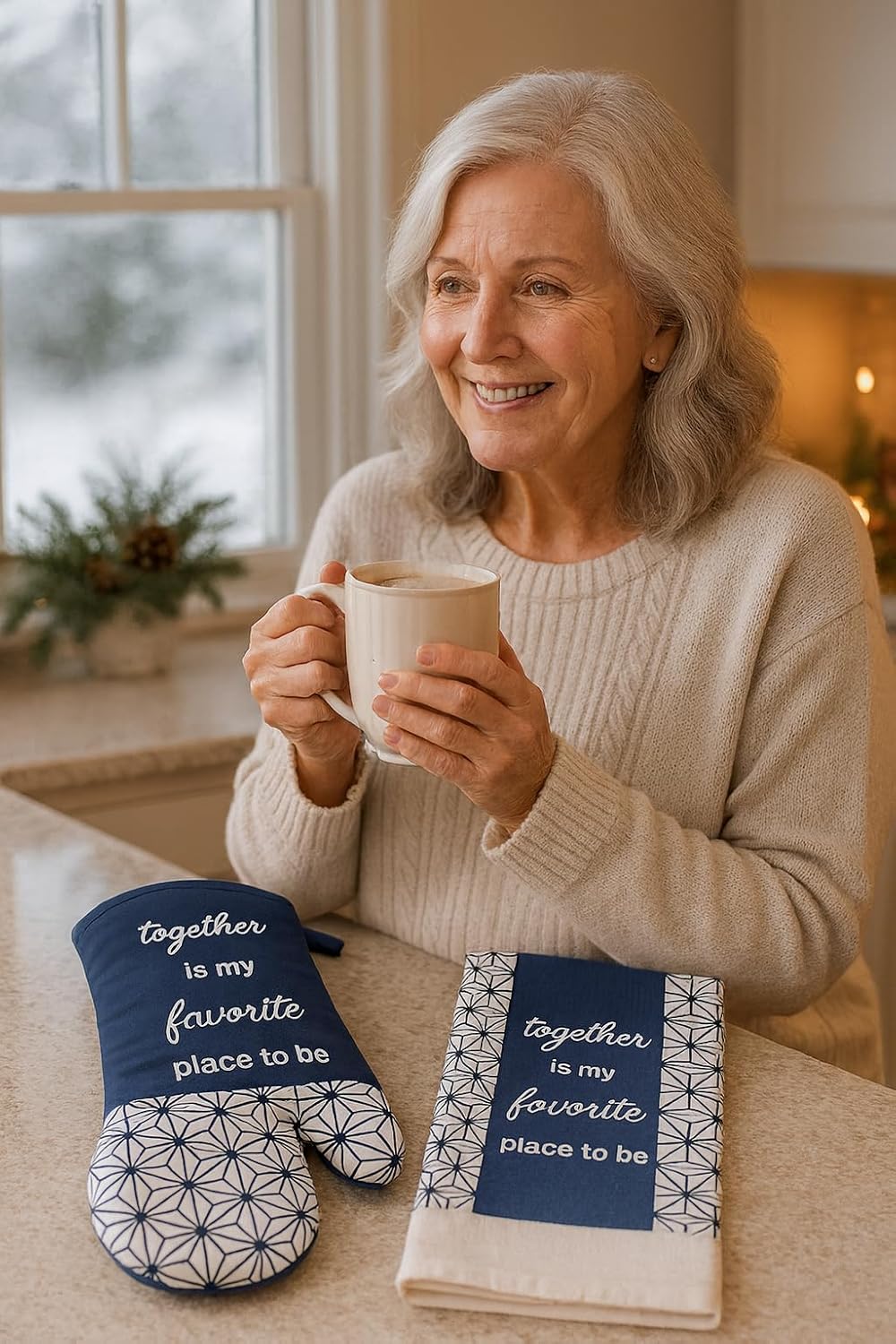 Kitchen Towel and Oven Mitt Set by Sūria – 100% Cotton Towel & Heat-Resistant Mitt – “Together is My Favorite Place to Be” Quote – Durable, Absorbent & Elegant Kitchen Gift Set for Home Cooking