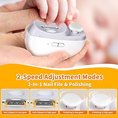 Miniatura 7 de Cortaúñas eléctrico y recortador de uñas, diseño 2 en 1 con luz y 2 velocidades, lima de uñas eléctrica de seguridad recargable por USB para bebés,