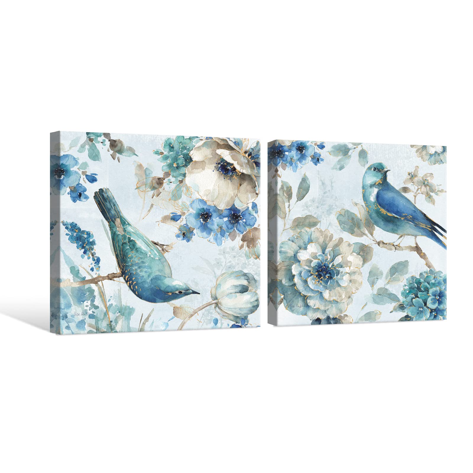 SEVEN WALL ARTS Birds and Flowers Canvas Wall Art 2 Pieces Print Picture Abstract Navy Blue Birds on Blossom Floral Tree Painting Garden Themed Artwork for Bedroom Living Room Office Painting Photo