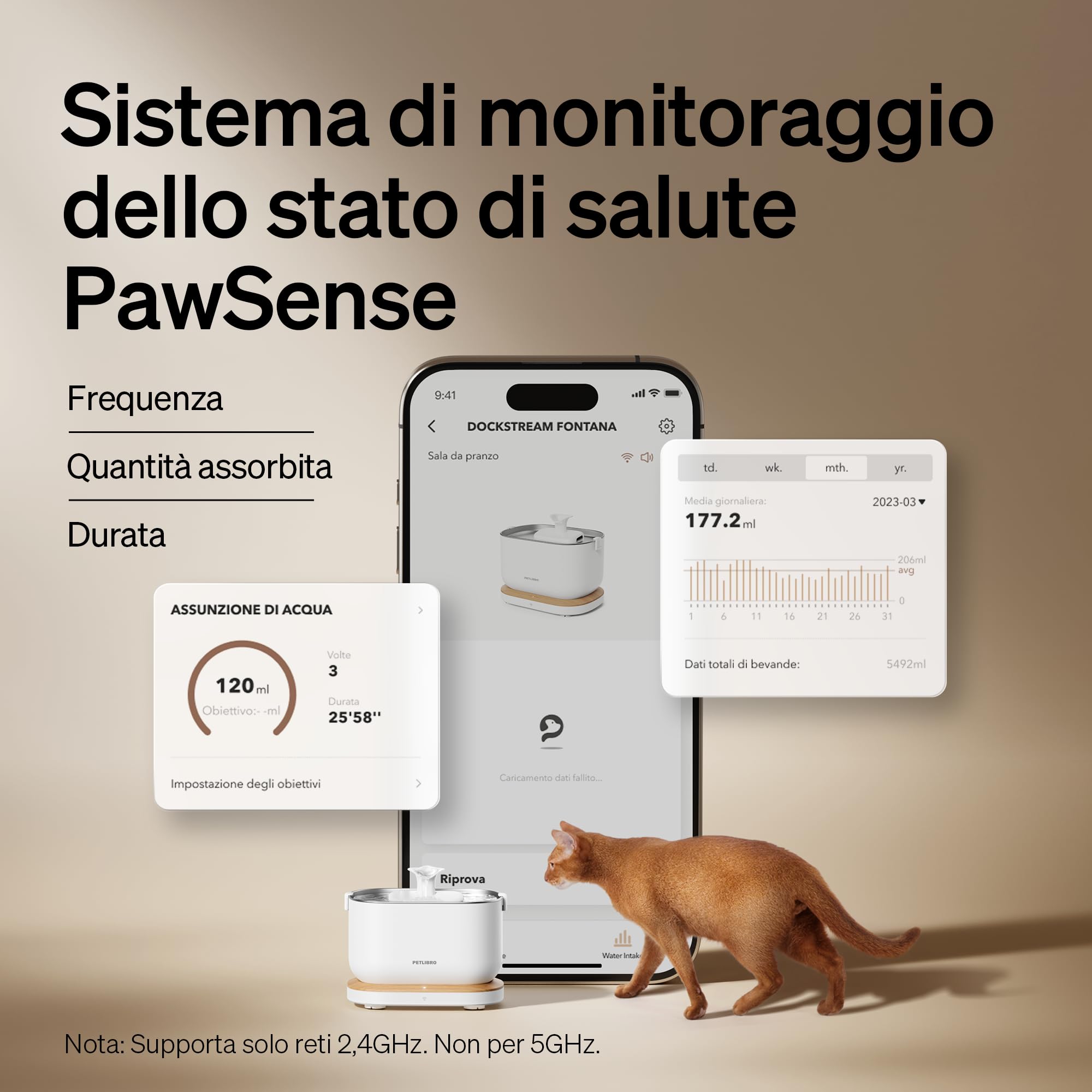 PETLIBRO Fontanella per Gatti con App, 2.4 GHz WiFi Dockstream 2,5L Fontana con Statistiche sull'Assunzione d'Acqua, Ultra Silenziosa, Distributore di Bevande con Vassoio in Acciaio Inossidabile
