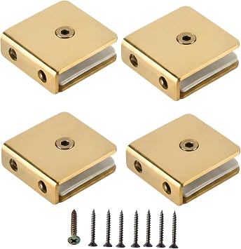 Brushed Gold Glass Clamps, Stainless Steel Wall Mount Glass Holder Brackets,Heavy Duty Glass Support Clips for 8-12mm Glass, Shower Door Partition Stair Railing Office Wall Glass Fixed Clamp | 4 Pack with Mounting Screws,Fixed Panel U-Clamp,Square Screen Door Hardware for Bathroom,for 5/16" to 1/2" Tempered Glass