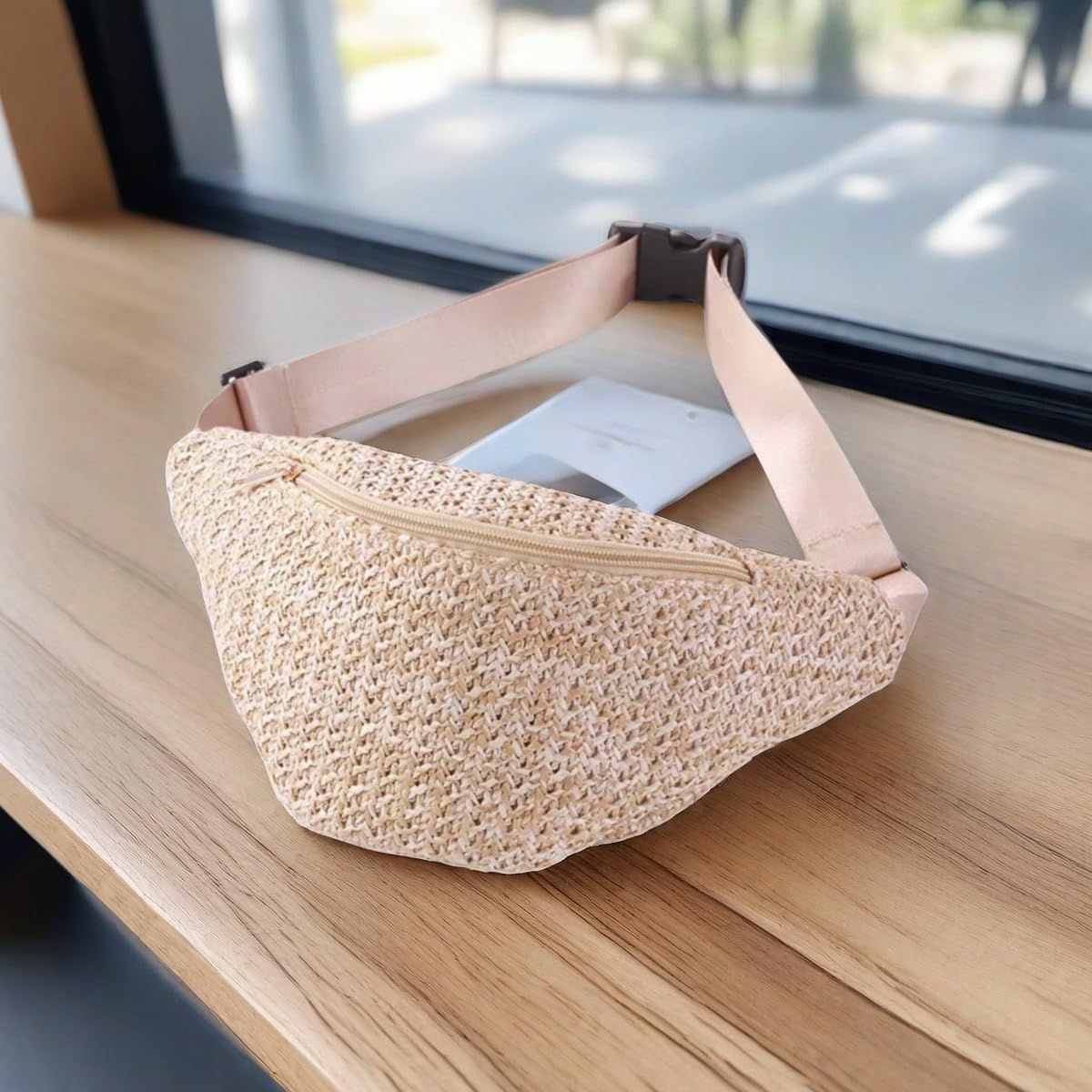 IAMUHI Straw Woven Fanny Pack Cross Chest Shoulder Handbag Purse Handwoven Beach Bag,Light Khaki - Image 2