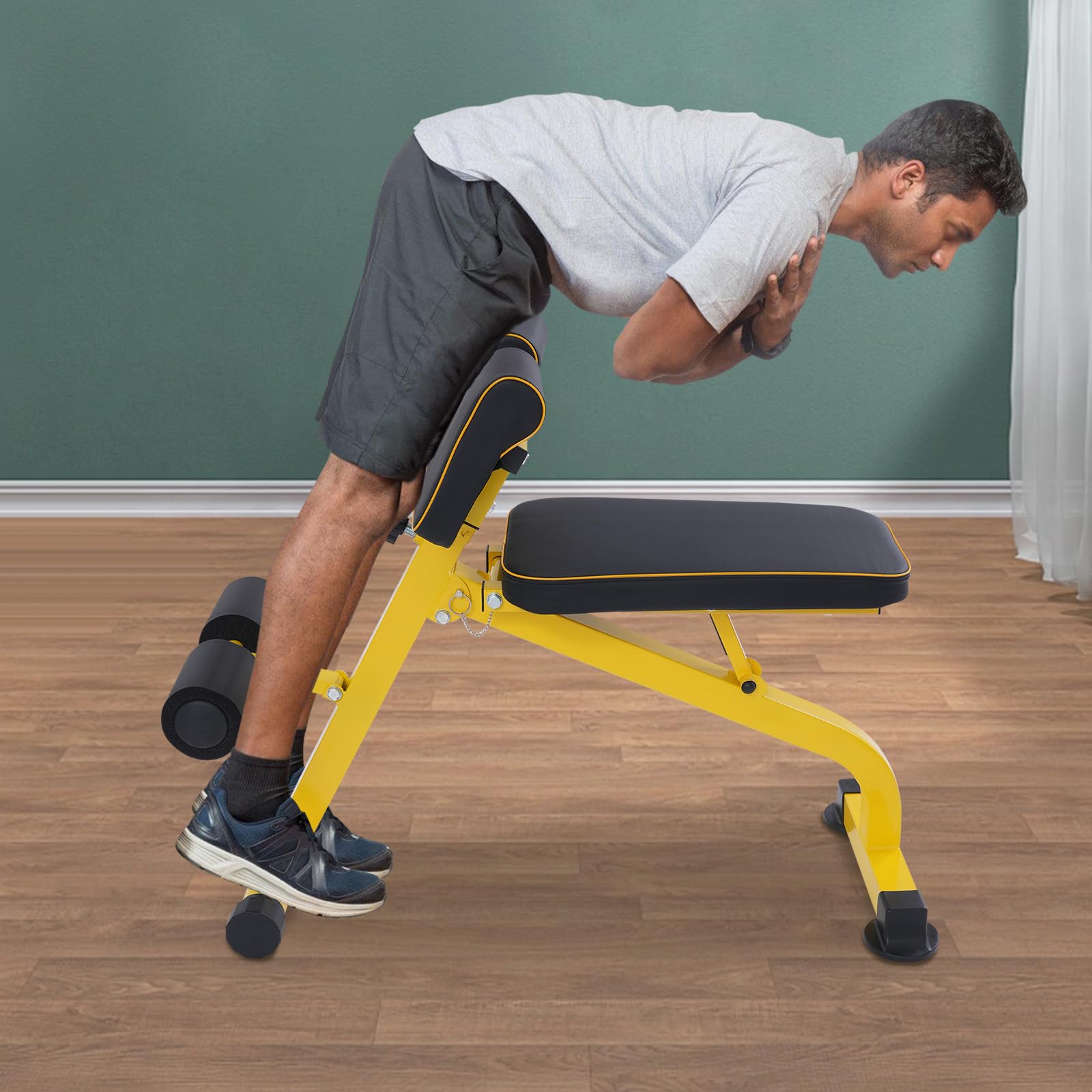 Allenamento addominale per casa, panca da allenamento pieghevole con ruote e poggiapiedi, iperestensione per la schiena, regolabile, addominale e schiena, panca fitness per la casa