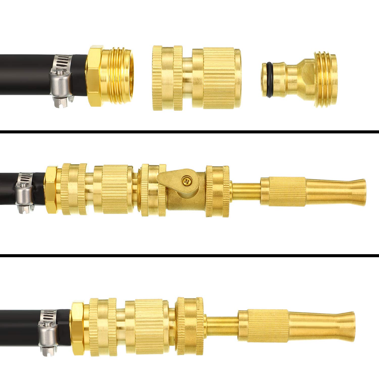 Honoson Raccordi rapidi per Tubo da Giardino, in Ottone Massiccio, connettore rapido 1,9 cm, connettori per Tubo dell'Acqua da Giardino, con rondelle in Gomma Extra, Maschio e Femmina, 5 Set