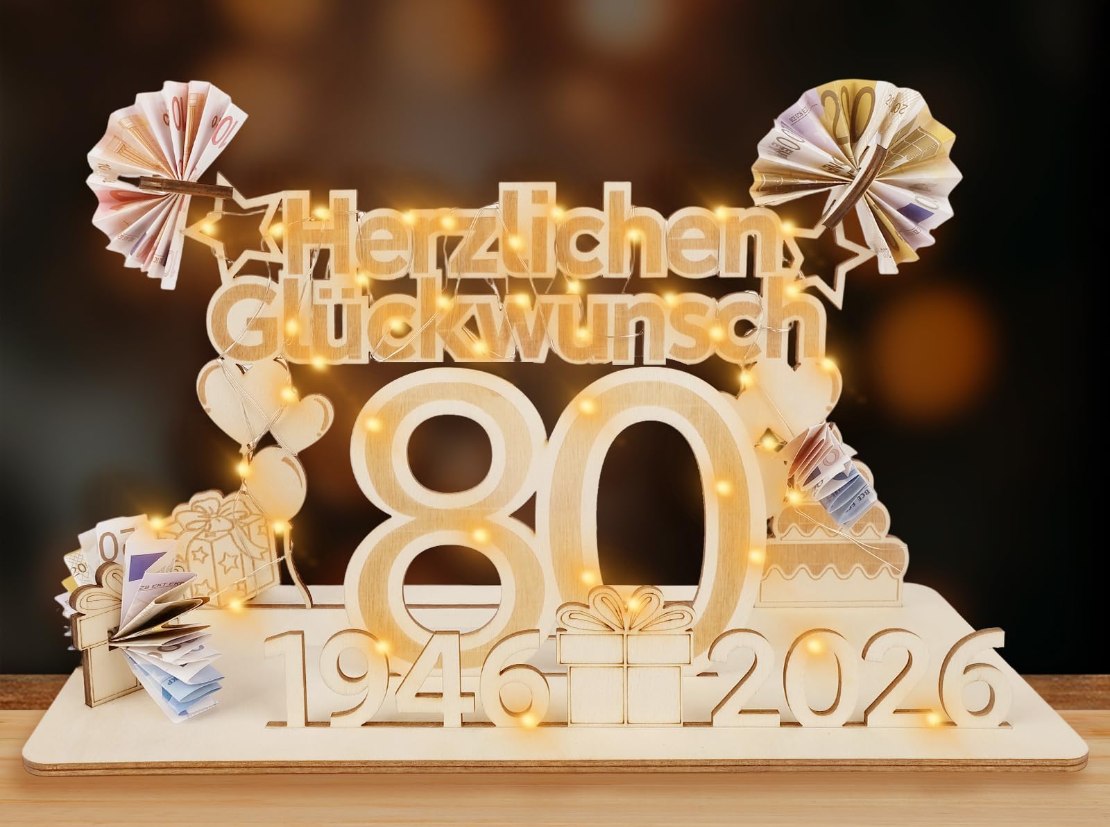 ARTREE Geldgeschenke Geburtstag Frau Mann, Holz Schild Gästebuch mit LED Lichterkette, Personalisiertes Geschenke Geburtstagszahlen, Geburtstag Deko, Hochzeit Deko