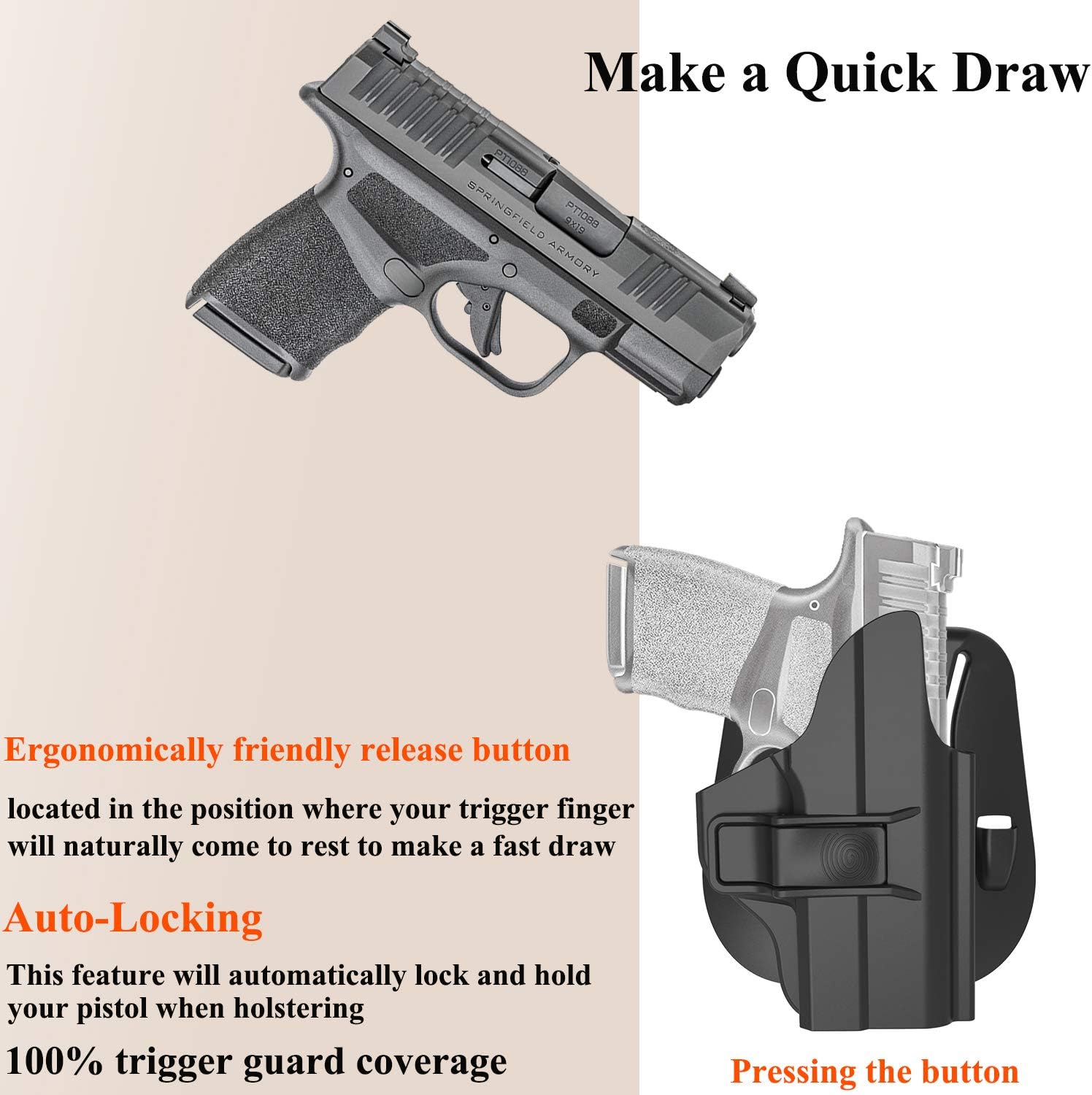 Hellcat Holster for Springfield Hellcat 9mm, OWB Paddle Holster, Outside Waistband, Adjustable Cant, Quick Release - Right Handed