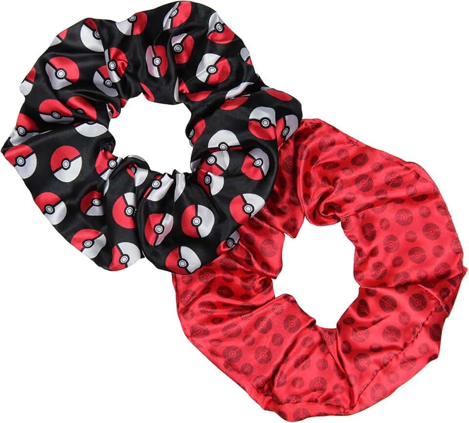 Pokemon Pokeball Scrunchie Set Hair Ties Hair Accessories For All Hair Types 2 PK | Pain-Free Removal For Braids Ponytails