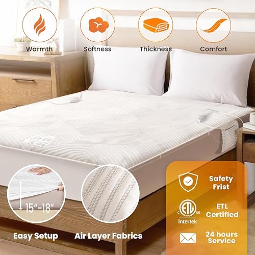 Miniatura 3 de Protector de colchón térmico tamaño Queen, protector de colchón eléctrico de doble control con 4 ajustes de calor y apagado automático de 10 horas,