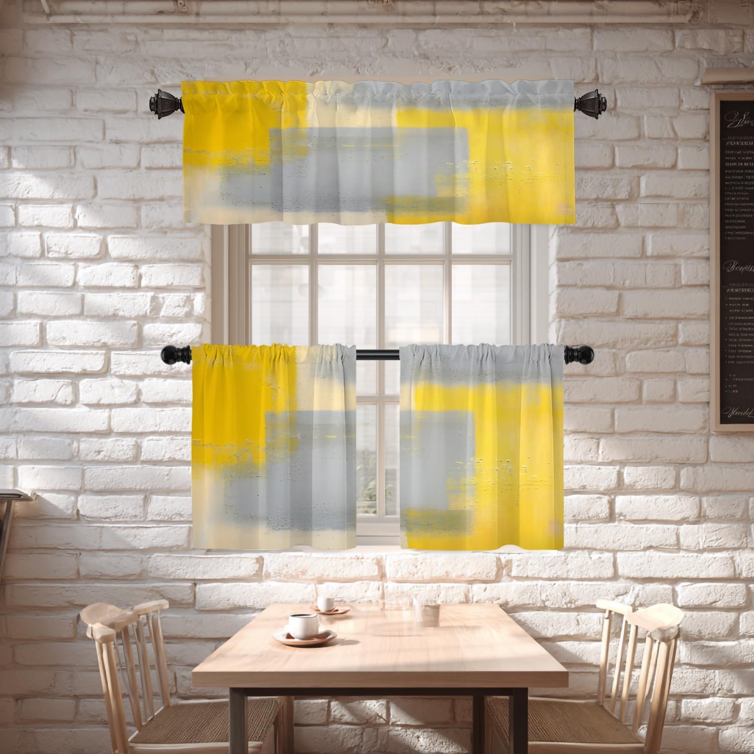 Shrahala Mustard Yellow Tier Curtains for Kitchen Windows, Yellow Valance Gray Curtains Yellow Accent Window Curtain Panels Multilayer Polyester Blackout for Living Room Bathroom 2 Pack 26 x 24 in