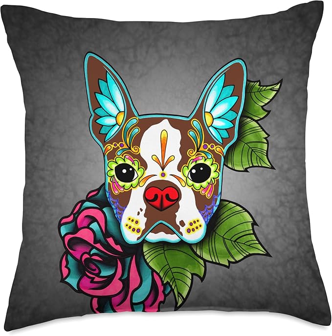 Boston Terrier in Red - Day of the Dead Sugar Skull Dog Throw Pillow