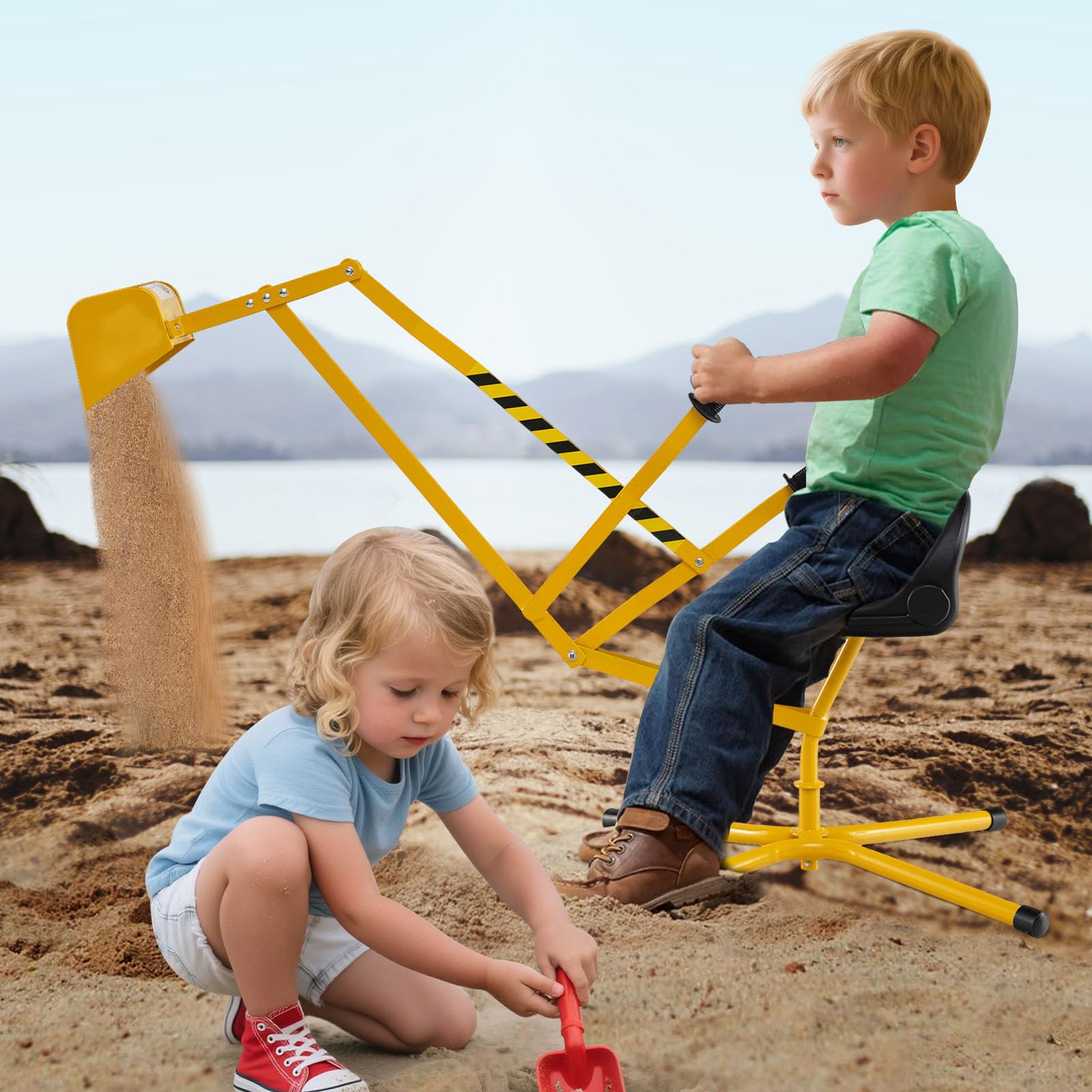 GOPLUS Juguete Excavadora para Niños con Base Giratoria de 360°, Juguete Construcción para Arenero Controles con Dos Manos, para Arena Tierra Nieve, Excavador Metálico para Niños de 3+ Años (Amarillo)