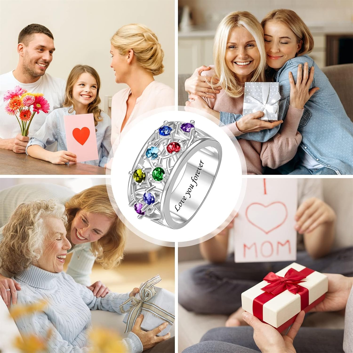 Custom Mothers Ring with 1-8 Simulated Birthstones Personalized Anniversary Rings for Women Branch Family Ring for Mom Wife Her (4 stone)