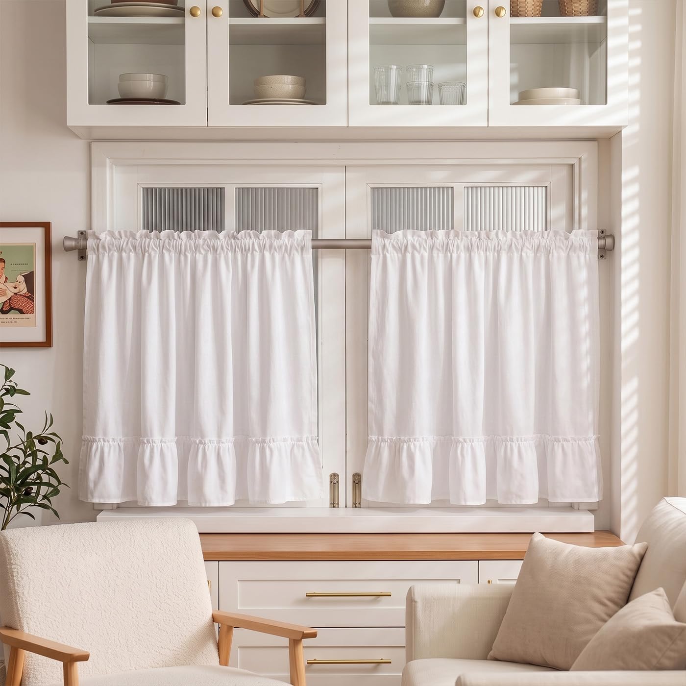 White Ruffled Tier Curtains for Farmhouse Cafe Over Sink 2 Panels 30"Wx36"L