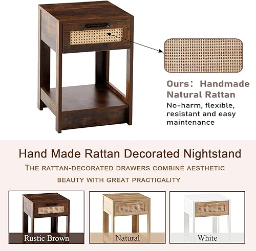 Miniatura 4 de Mesita de noche de ratán, mesa auxiliar de ratán, juego de 2 mesitas de noche con cajón de ratán, con cajón de almacenamiento y estante de apertura,