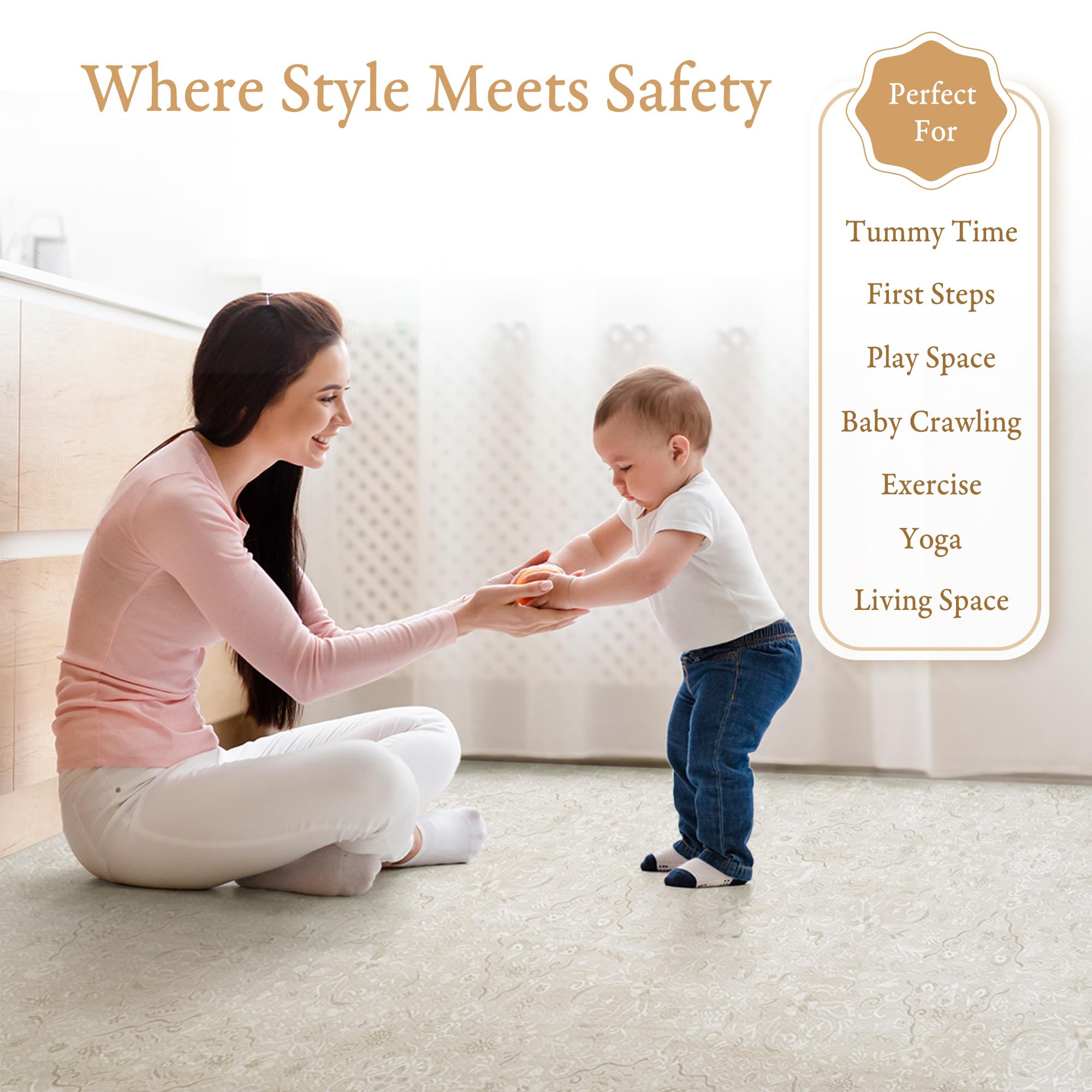 PopsyKosy Premium Exercise & Baby Foam Play Mats - Stylish & Large Non-Toxic Odorless Floor Mat - 6 Tiles - Spacious 6ft x 4ft - Peel-Resistant Reinforced - Soft Thick, Waterproof - Pearl Beige