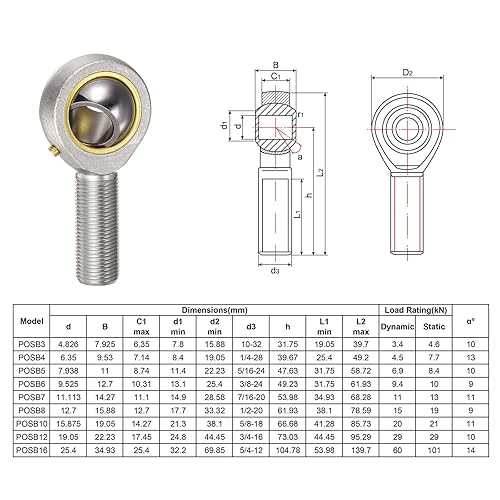 Miniatura 10 de uxcell POSB6 Juego de rodamientos de extremo de varilla macho de 38 de pulgada - 2 piezas de extremos de varilla de rosca izquierda y derecha de