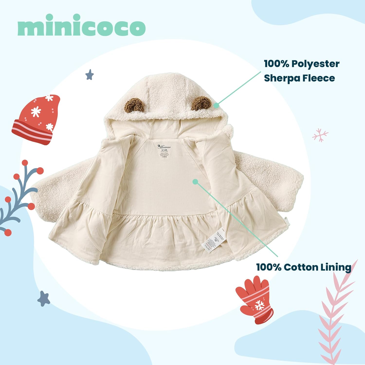 Baby Girl Fleece Hooded Jacket, Warm Soft Cotton-Lined Sherp Coat for 3-24Months Daily Outfits - Image 2