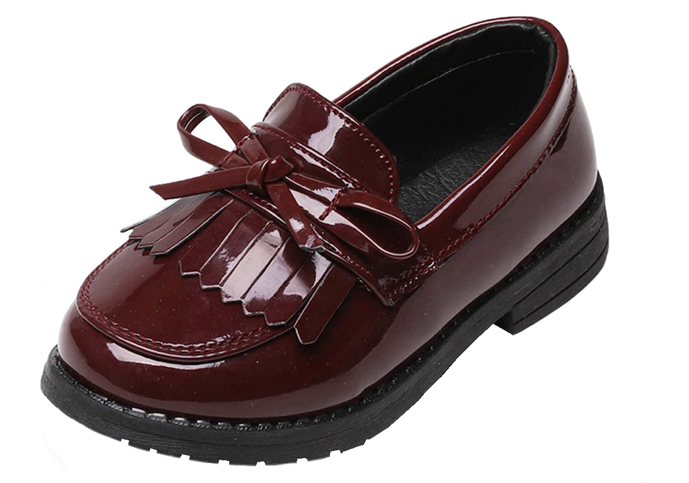 WUIWUIYU Girls Patent Leather Slip-On Penny Loafers Flats Bow Tassel Oxfords Moccasins Dress Shoes