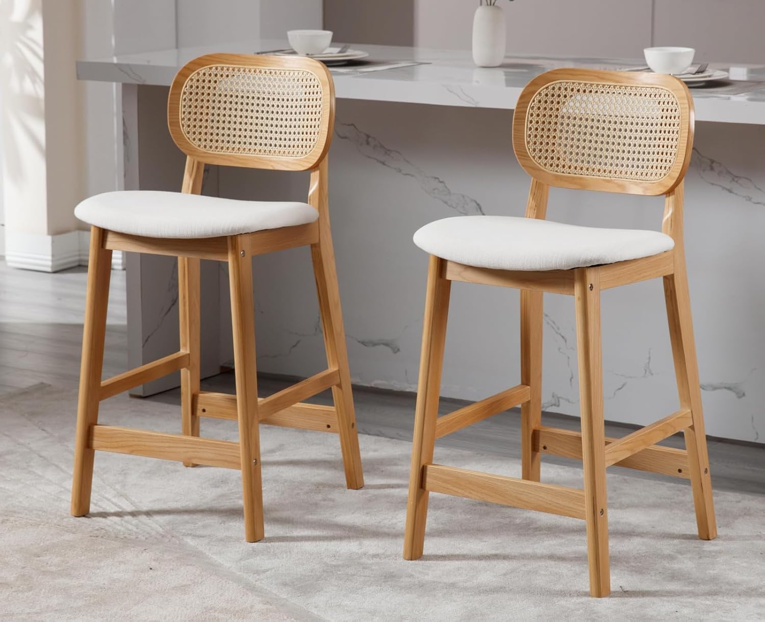 CIMOTA Farmhouse Counter Height Bar Stoos Set of 2 Rattan Back Boho Stools for Kitchen Island 26 Inch Bar Chairs Wooden Barstools, Natural Wood/Linen Beige