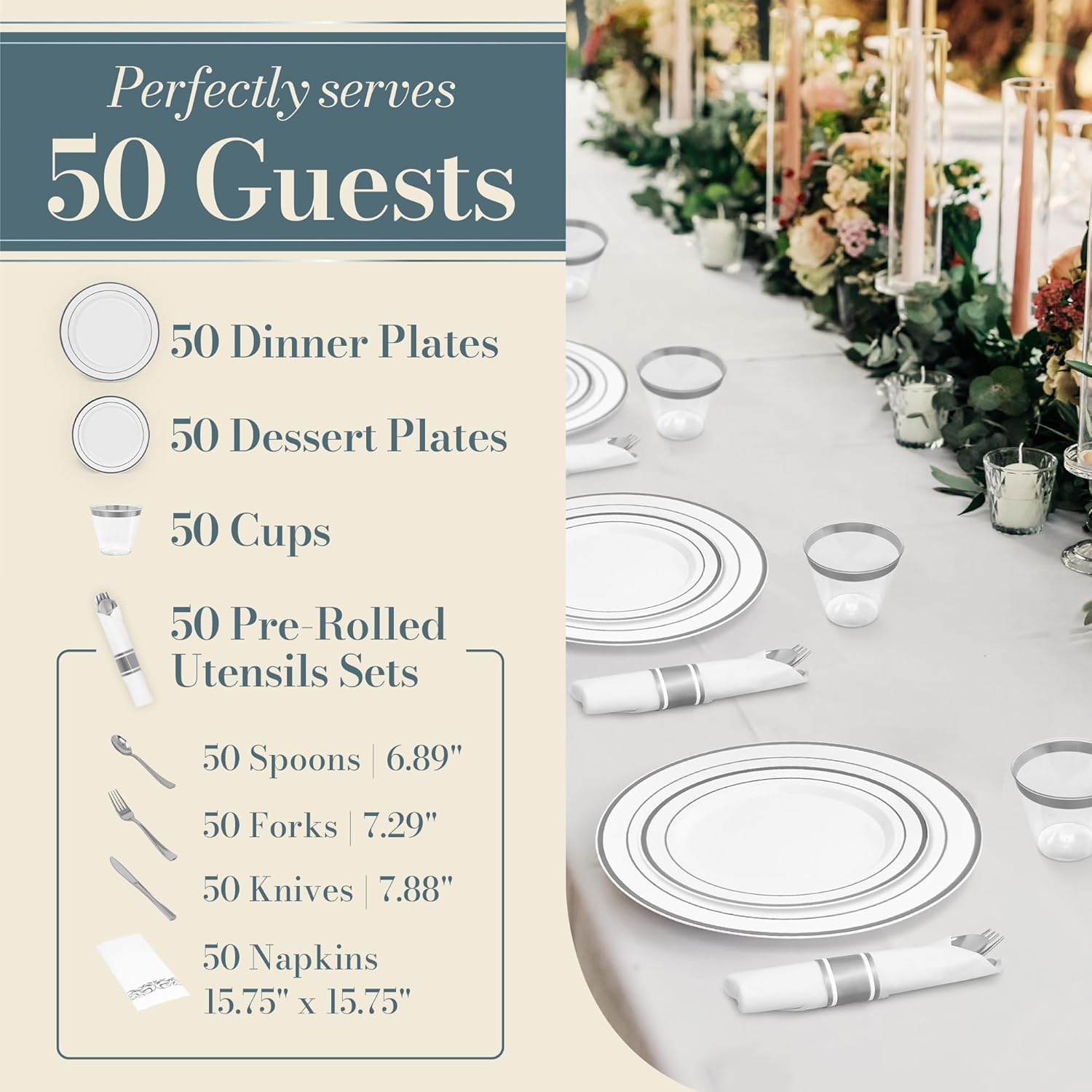 Reli. Plastic Plates for Party | 350 Pcs | White w/Silver Rim | Plates and Napkins Party Supplies | Disposable Dinnerware Set for 50 Guests |Dinner & Dessert Pack, Pre-Rolled Silver Cutlery Set, Cups