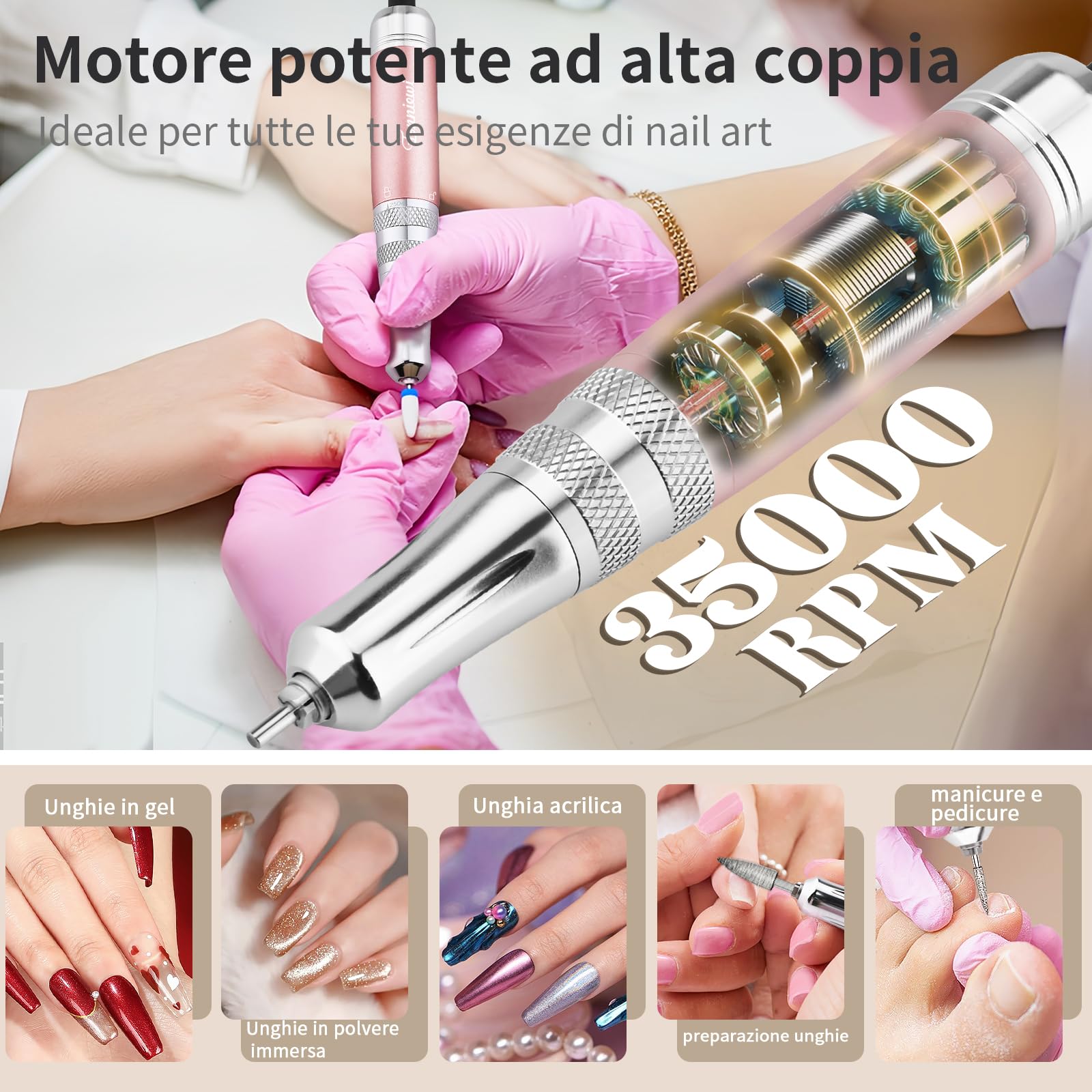 Fresa per Unghie Professionale 35000 RPM, Set Manicure Elettrico con Base di Ricarica e 7 Frese, Lima per Unghie Elettrica Portatile Ricaricabile, Trapano Elettrico per Rimozione Gel, Rosa