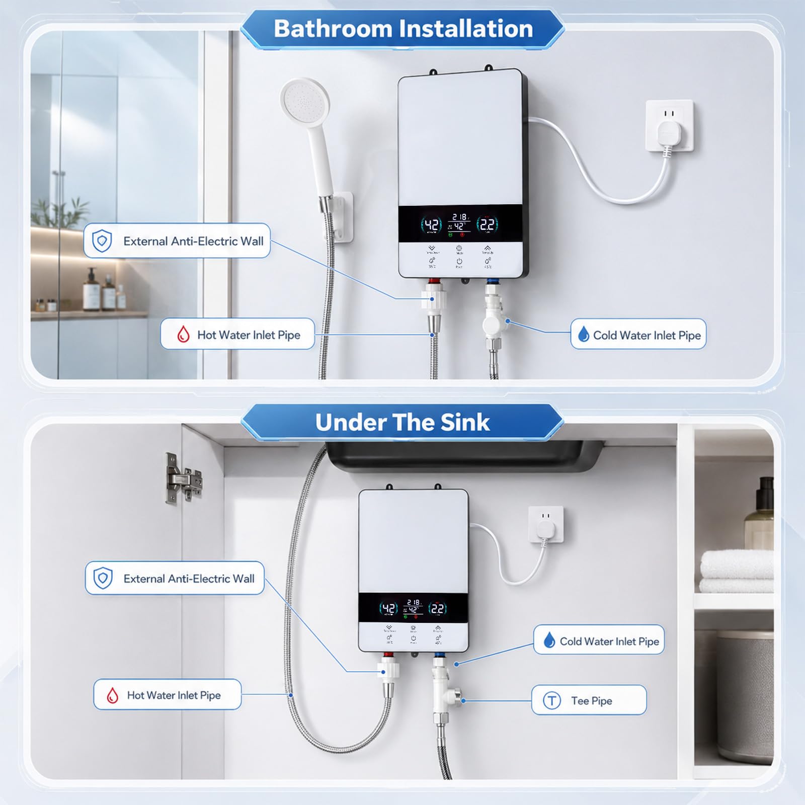 Elektrischer Durchlauferhitzer 6000W mit LED Display, Klein Untertisch Durchlauferhitzer mit Duschset 230V, Schnelles Aufheizen, Wasserdicht, Elektrischer Warmwasserbereiter für Küche und Dusche
