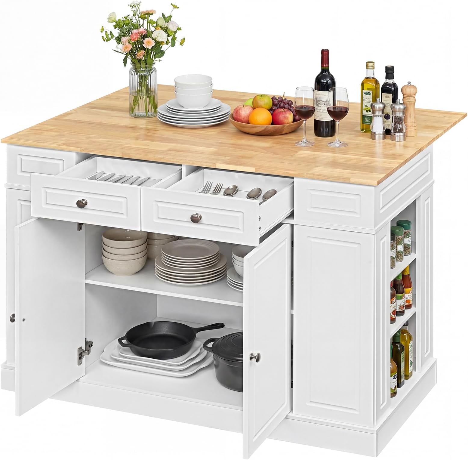 LOKO 48" Stationary Kitchen Island with Drop Leaf, Rubber Wood Top Butcher Block Island Table with 2 Drawers, Cabinet & Adjustable Shelf, Multipurpose Kitchen Cart for Dining Room, Living Room & Bar