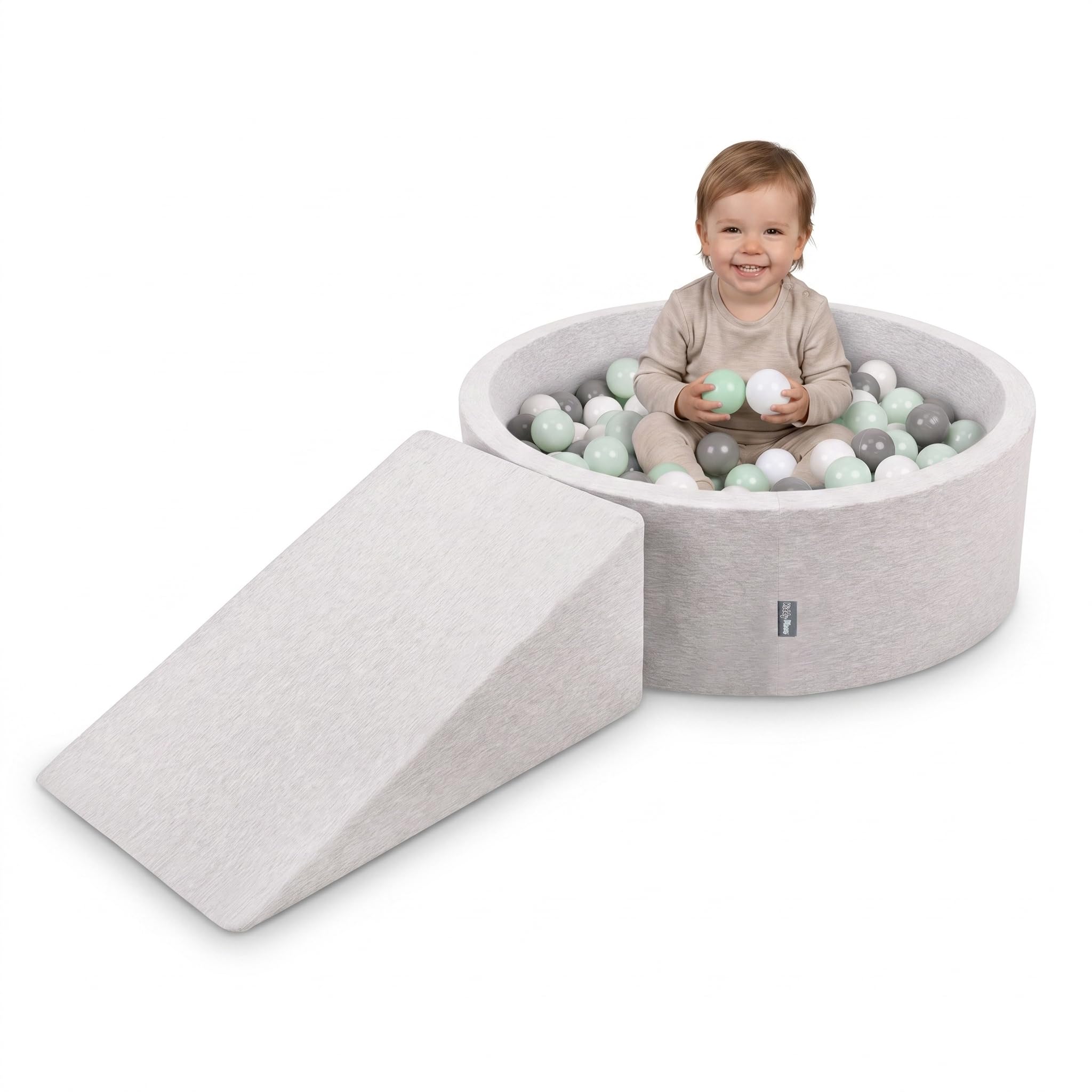 KiddyMoon Parque de Juegos de Espuma con Piscina de Bolas 90x30cm y Rampa 200 Bolas 7cm para Bebés y Niños - Gris Claro: Blanco Gris Menta