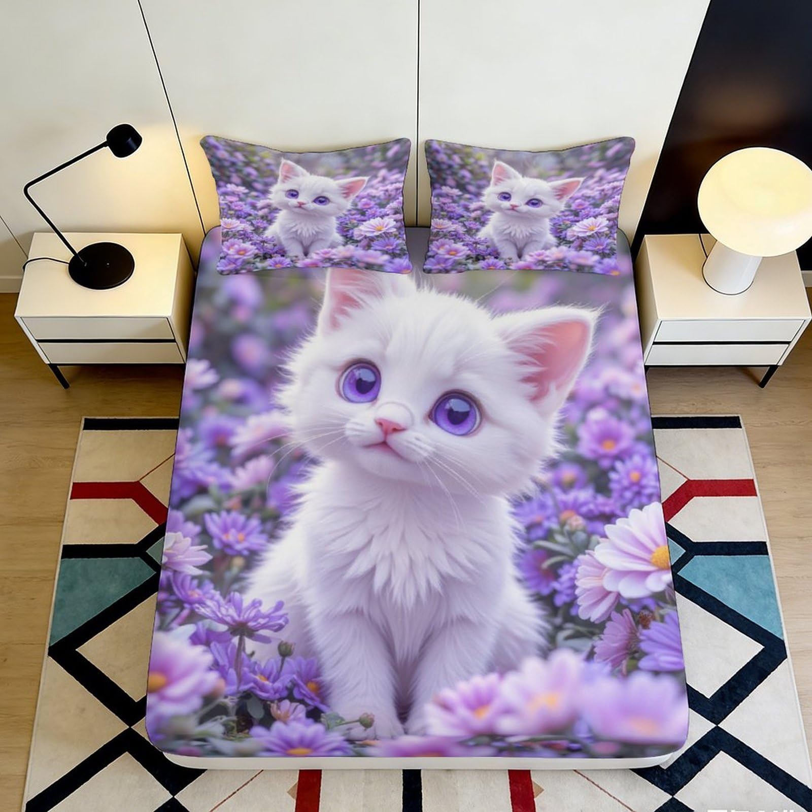 3D Printed Purple Kitten Fitted Sheet Microfiber Non-Slip Deep Pocket Bedroom Bedding Cute Cat Mattress Fitted Cover Washable 200x200x25cm