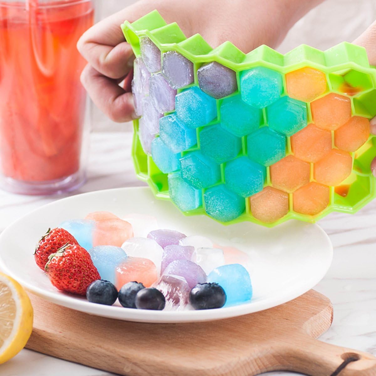 Ice Cube Trays Silicone with Lids 2 Packs DaCool Food Grade Ice Trays 74 Cubes Stackable Spill-Resistant Easy-Release Durable,BPA Free Ice Cube Molds for Whiskey Storage Cocktail Beverages,Green&Green