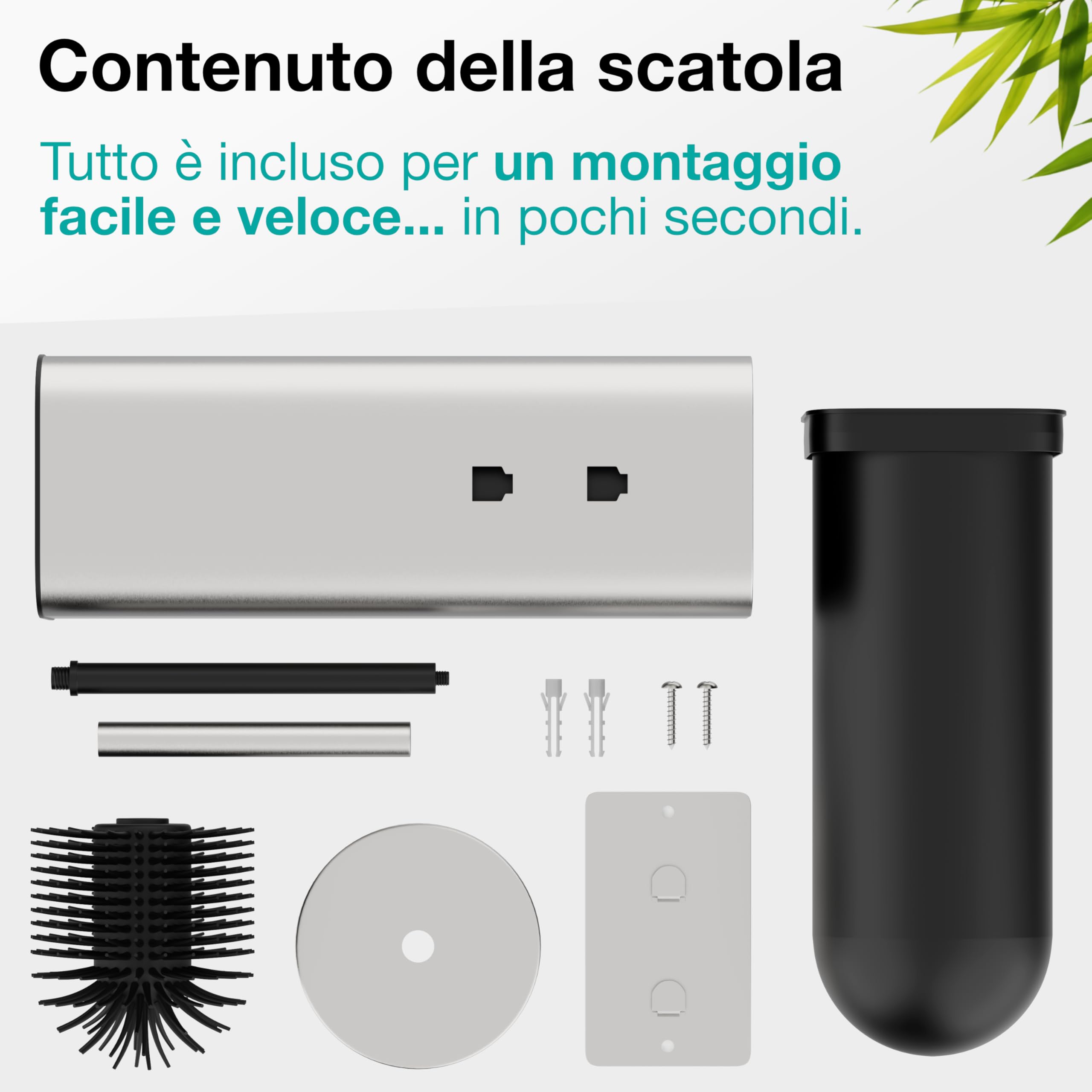 Scopino WC Sospeso - Scopino Silicone e Metallo - Nessuna Foratura - Montaggio a Parete con Adesivo o Vite - Acciaio Inox 304 - Porta Scopino Bagno WC - WC3681